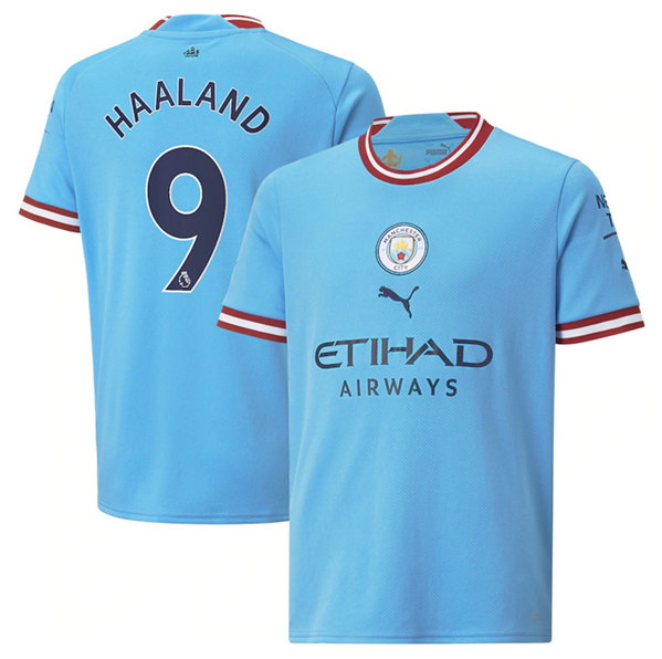 Youth Manchester City #9 Erling Haaland 2022/23 Light Blue Home Soccer Jersey
